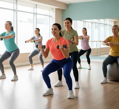 Women participating in motivating group fitness classes led by a certified fitness coach
